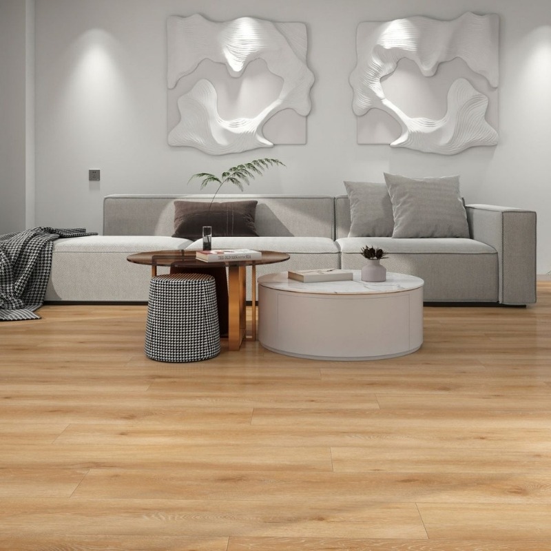 Light oak hybrid flooring installed in a modern Sydney living room with neutral décor.