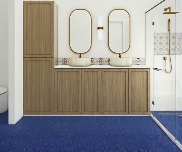 Bathroom interior featuring durable blue vinyl flooring paired with modern timber cabinetry and a contemporary double-vanity setup.